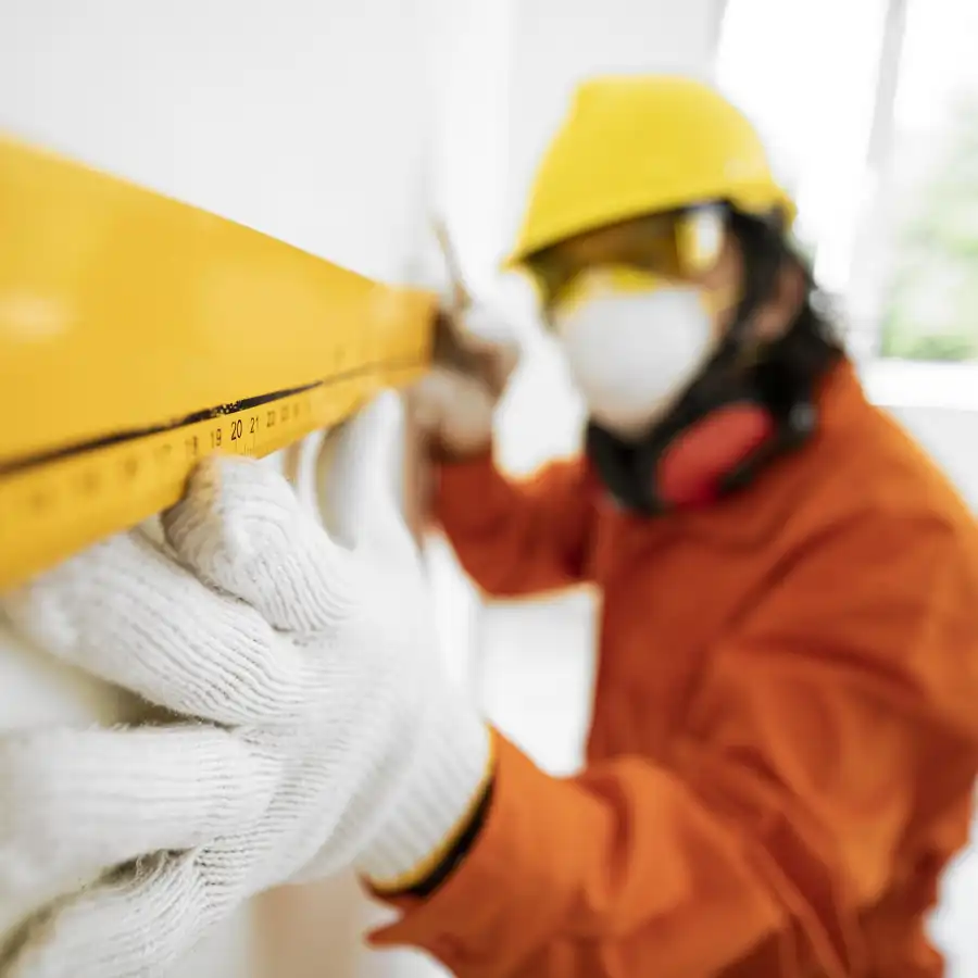 Fire restoration contractor fixing a wall
