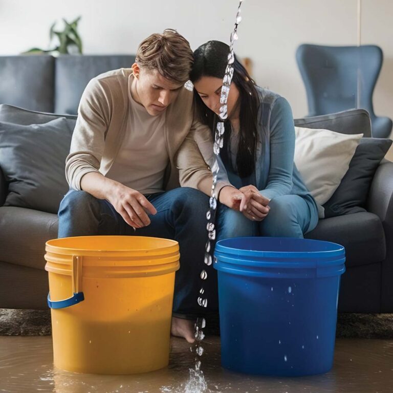 Couple in a water damaged house