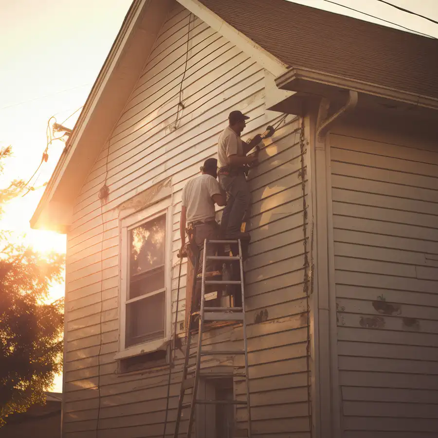 Two men on a ladder fixing fire damage on a house