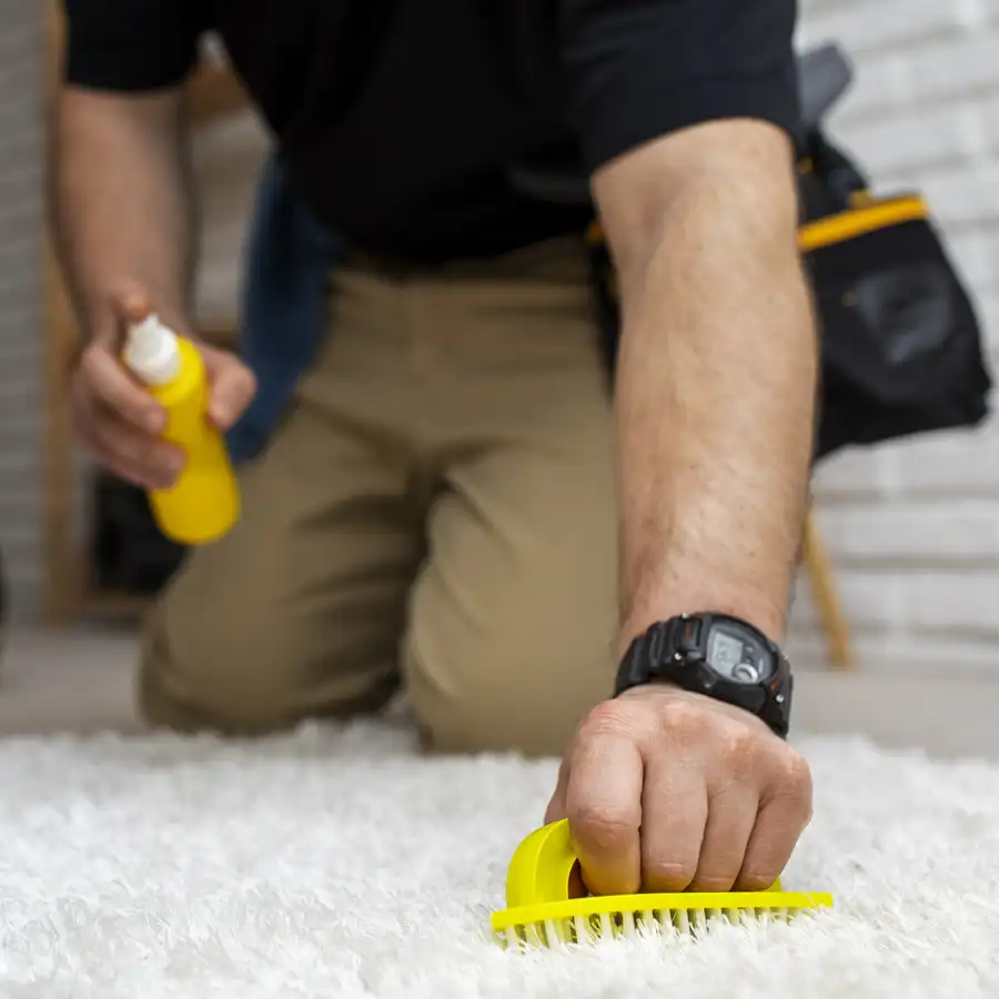 A man cleaning a stained carpet