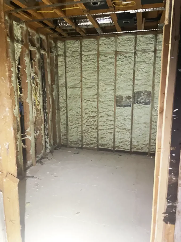 Walls and insulation before water damage restoration